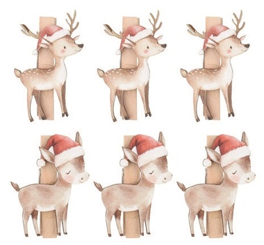 Wooden Donkeys and Deers in Santa Hats, on Peg 3 x 4.5 x 0.3 cm, 6 pcs in a Bag