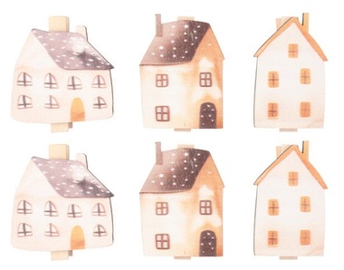 Mix of wooden Houses on a Peg approx. 4 x 3 x 0.3 cm 6 pcs in a Bag