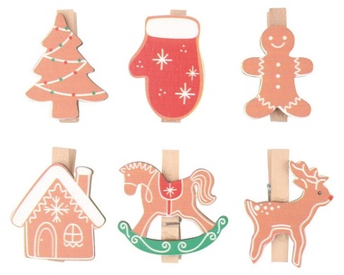 Mix of wooden Deco on a Peg approx. 3 x 4 x 0.3 cm 6 pcs in a Bag