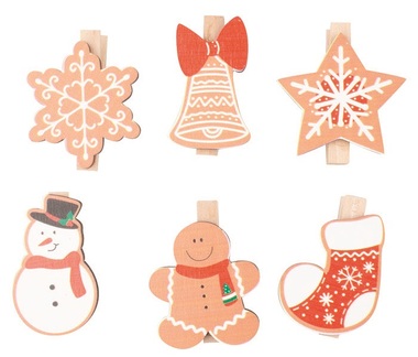 Mix of wooden Christmas Deco on a Peg approx. 3 x 4 x 0.3 cm 6 pcs in a Bag