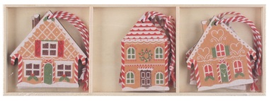 Colorful wooden houses for hanging, approx. 6 x 6 x 0.5 cm, 6 pcs in a box