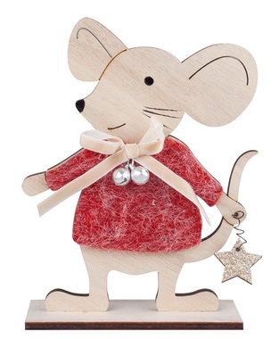 Wooden Mouse in Red Sweater standing 12 x 15 x 4 cm