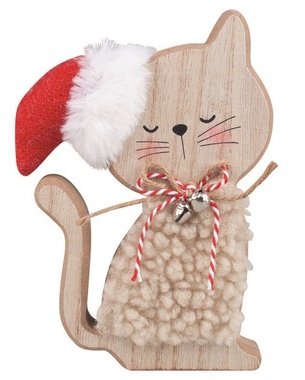 Wooden Cat in a Red Hat standing 12 x 15.5 x 2.5 cm