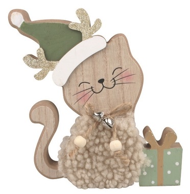 Wooden Cat with Gift standing 13 x 17 x 2 cm