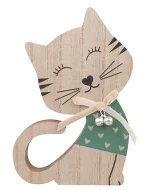 Wooden Cat in Green standing 12 x 18 x 2 cm