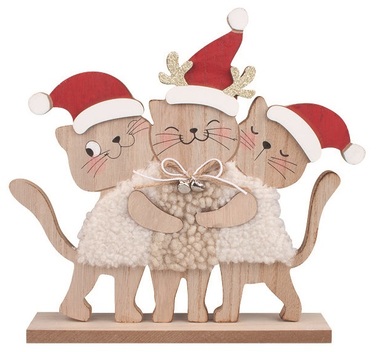 Wooden Cats in Red Hats standing 23.5 x 22 x 4 cm