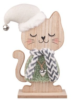 Wooden Cat in Green Fur standing 17 x 27.5 x 6 cm
