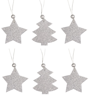 Decoration with Silver Glitters, for Hanging, 6 pcs