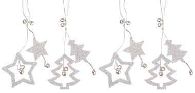 Hanging Star and Tree, Silver Glitter, 13cm, 4 pcs