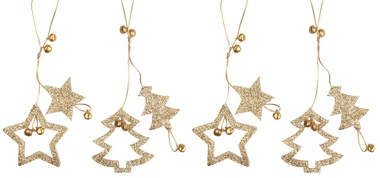 Hanging Star and Tree, Gold Glitter, 13cm, 4 pcs