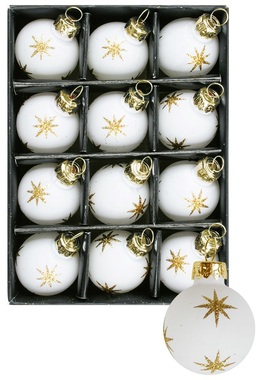 Glass Christmas Balls 3 cm, set of 12 pcs White with Star