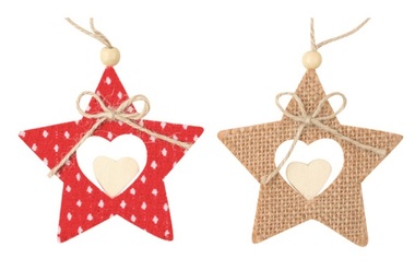 Hanging Star, Red and Jute design 9 cm, 2 pcs in Bag