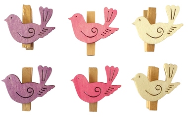 Wooden Birds with Peg 4 cm, 6 ks 