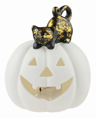 Light-up porcelain Pumpkin with Cat 10 x 11 x 10 cm, warm white, 1 LED, Timer