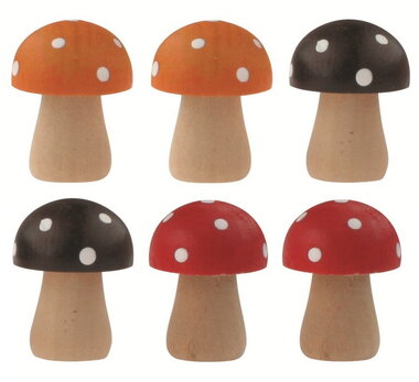 Wooden mushrooms mix colors 2.5 x 3 x 2.5 cm, 6 pcs in polybag