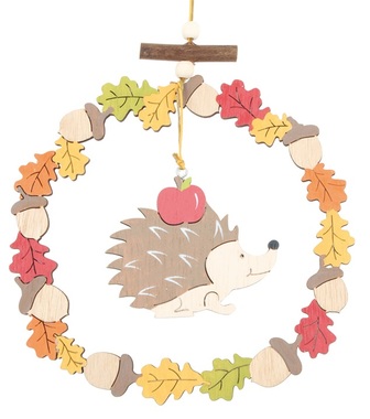 Hanging Wooden Hedgehog in Circle of Leaves 16 cm