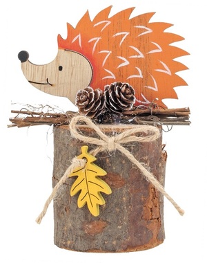 Wooden hedgehog on a log 13 cm, orange