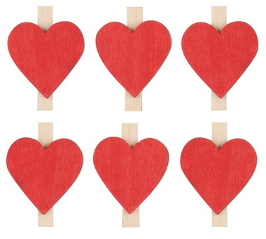 Wooden Heart w/Clip 3 cm 6 pcs