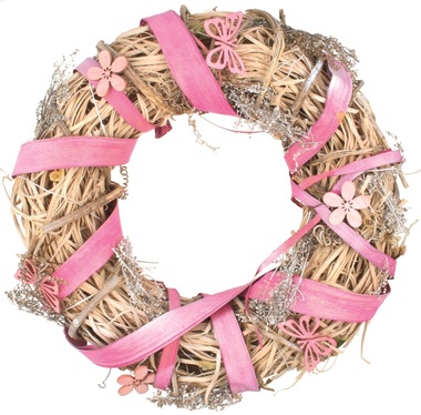 Natural Wreath w/ Pink Ribbon dia 25 cm 