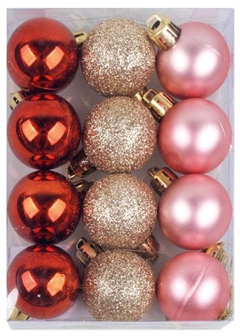 Plastic Christmas Balls 3 cm, Gold, Pink, Purple, 12 pcs