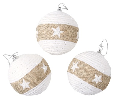 Baubles Shatterproof 8 cm, Set of 3, White with Jute Stripe and Stars