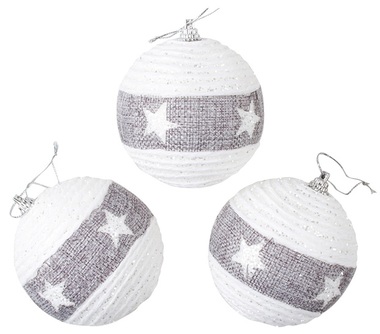 Baubles Shatterproof 8 cm, Set of 3, White with Grey Stripe and Stars