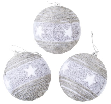 Baubles Shatterproof 8 cm, Set of 3, Grey with Stars