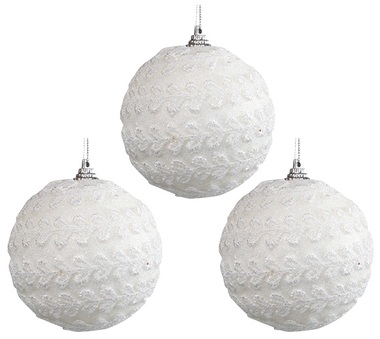 Baubles Shatterproof 8 cm, Set of 3, White with Lace