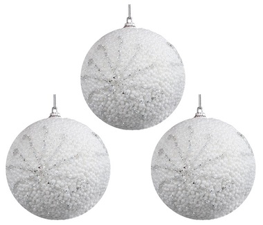 Polystyrene Christmas Balls 8 cm, Set of 3, White with Snowflakes