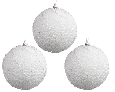 Baubles Shatterproof 8 cm, Set of 3, White with Glitter Net