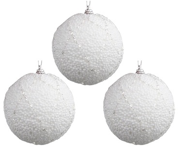 Polystyrene Christmas Balls 8 cm, Set of 3, White with Glitter Net