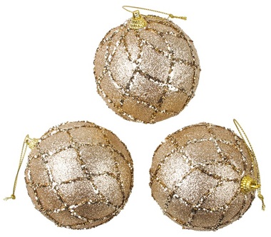 Baubles Shatterproof 8 cm, Set of 3, Golden with Glitters
