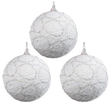 Polystyrene Christmas Balls 8 cm, Set of 3, White with Silver Glitter