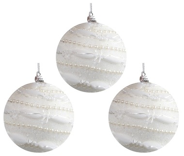 Baubles Shatterproof 8 cm, Set of 3, White with Pearls
