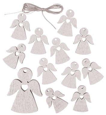 Hanging Wooden Angel 3 cm 12 pcs, Silver