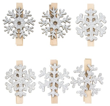 Wooden Snowflake 3,5 cm on Peg, 6 pcs, Silver