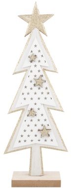 Wooden White Tree with Gold Stars with Glitter 11 x 30 cm
