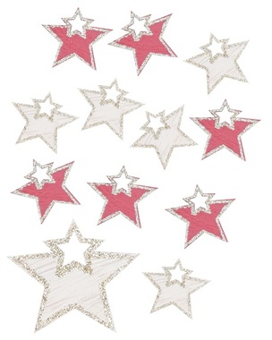 Wooden star with Golden Glitter 4 cm, 12 pcs, Red an Nature