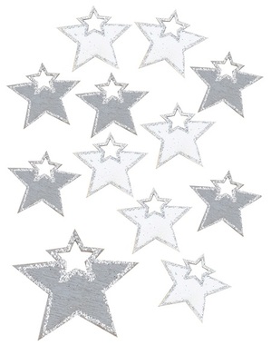 Wooden Star with Silver Glitter 4 cm, 12 pcs, Grey and White