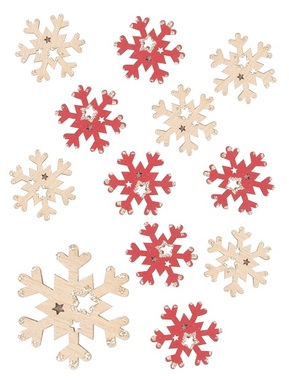 Wooden Snowflake with Golden Glitter 4 cm, 12 pcs, Red an Nature