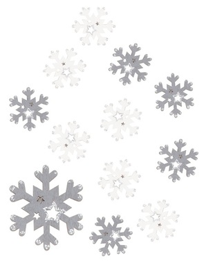 Wooden Snowflake with Silver Glitter 4 cm, 12 pcs, Grey and White