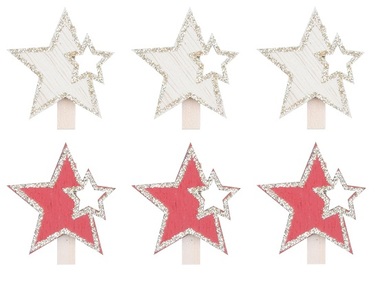 Wooden star on Peg with Golden Glitter 4 cm, 6 pcs, Red an Nature