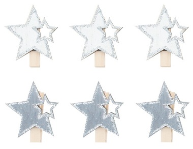Wooden star on Peg with Silver Glitter 4 cm, 6 pcs, Grey and White