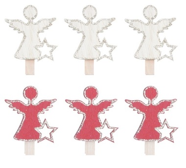 Wooden Angel on Peg with Golden Glitter 4 cm, 6 pcs, Red an Nature