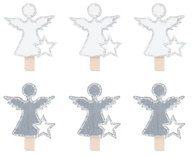 Wooden Angel on Peg with Silver Glitter 4 cm, 6 pcs, Grey and White