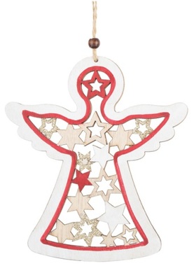 Hanging Wooden Angel with Stars 15 x 17 cm Red with Golden Glitter