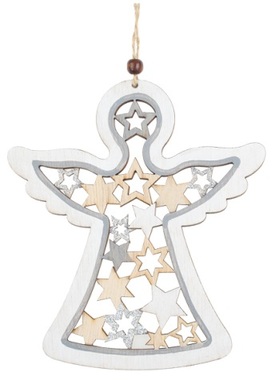 Hanging Wooden Angel with Stars 15 x 17 cm Grey with Silver Glitter