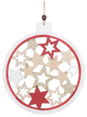 Hanging Wooden Ball with Stars 16 cm Red with Golden Glitter