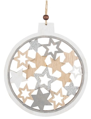 Hanging Wooden Ball with Stars 16 cm Grey with Silver Glitter