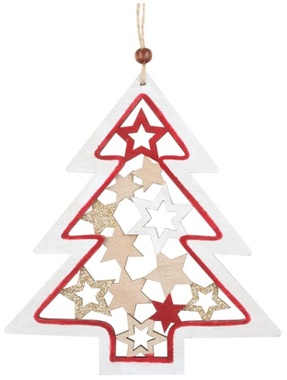 Hanging Wooden Tree with Stars 15 x 17 cm Red with Golden Glitter